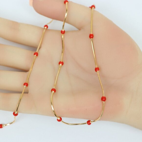 "Rose Gold Necklace with Red Beads Elegant Accent Chain, XPNL0134 - Picture 2 of 12